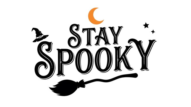 A festive halloween themed design featuring the text stay spooky decorated with a crescent moon a witch hat and a flying broomstick