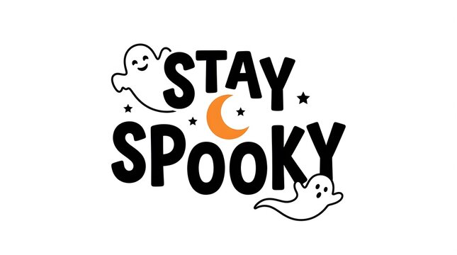 A cute hand drawn sticker design with the text stay spooky featuring little ghosts a crescent moon and stars on a white