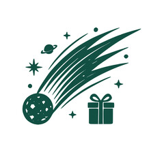 Shooting Star and Gift Box icon. Green silhouette of a fast cosmic comet flying above a wrapped present, perfect for magical winter holiday greeting cards © jesmin_