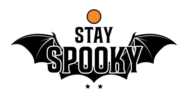 A festive halloween graphic design featuring the bold text stay spooky centered over black bat wings with a small orange circle icon