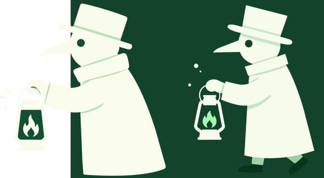 Plague doctor vector illustration, medieval physician with bird mask and lantern, spooky historical character flat design