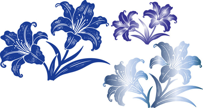 Blue lily flower vector set, elegant floral botanical illustrations, indigo lily blossoms for wedding stationery and textile design