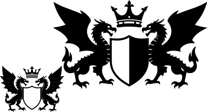 Heraldic dragon crest with shield and crown, medieval black silhouette emblem, royal mythical beast coat of arms vector