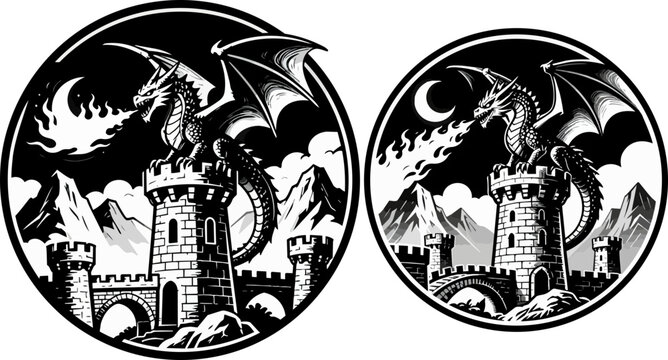 Vintage fantasy dragon emblem, mythical fire-breathing dragon on medieval castle tower, black and white circular dragon vector illustration