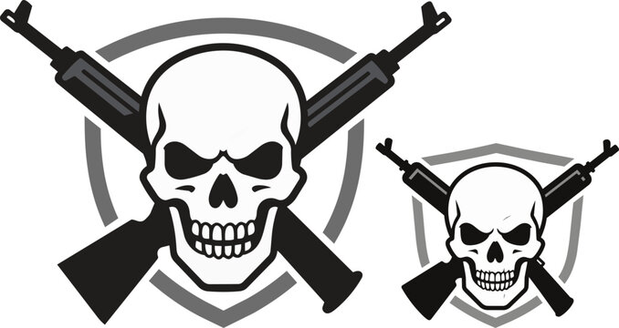 Tactical skull emblem with crossed assault rifles and shield, military skull vector logo, aggressive combat mascot for gaming and security