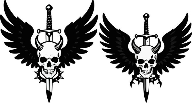 Gothic winged skull with sword vector, horned demon skull emblem, dark fantasy biker tattoo design, 2 black and white metal icons
