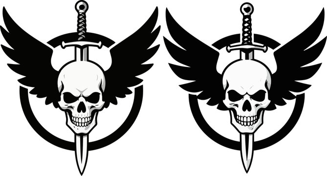 Gothic winged skull with sword vector illustration, tactical military skull emblem, 2 black and white biker tattoo designs
