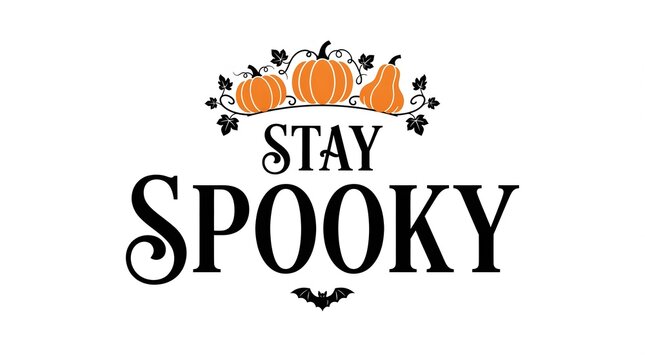 A festive halloween themed graphic design featuring the text stay spooky with decorative orange pumpkins and a small black bat on white
