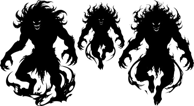 Demonic shadow monster silhouettes, dark fantasy creature vector set, scary beast icons for gaming and horror design
