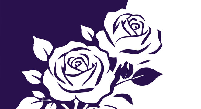 Elegant rose flower vector illustration, purple floral line art with leaves, minimalist botanical rose blossoms for wedding stationery