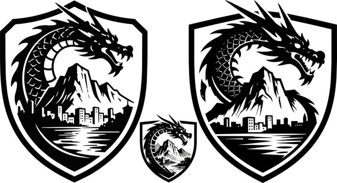 Dragon shield logo set, mythical creature emblem with mountain and city skyline, black and white dragon mascot vector graphics