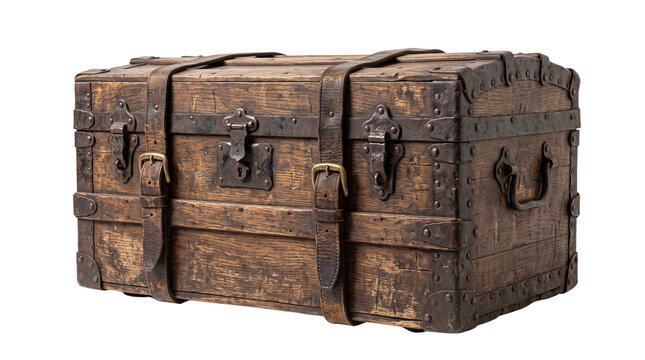 Antique Wooden Treasure Chest with Leather Straps and Metal Details Isolated PNG