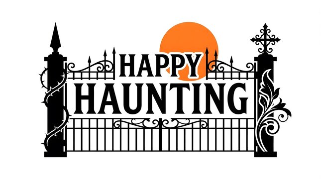 A decorative black iron gate illustration featuring the text happy haunting with an orange full moon background for a festive halloween holiday