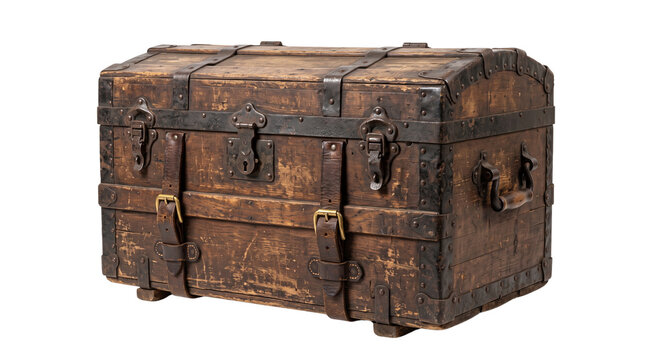 Antique Wooden Treasure Chest with Leather Straps and Metal Details Isolated PNG