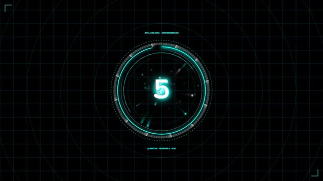Futuristic sci-fi HUD 10 to 0 countdown timer with glowing neon circles and particles on dark grid background animation.