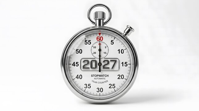 A silver analog stopwatch isolated on a white background showing the numbers twenty seven representing the upcoming year twenty twenty seven countdown