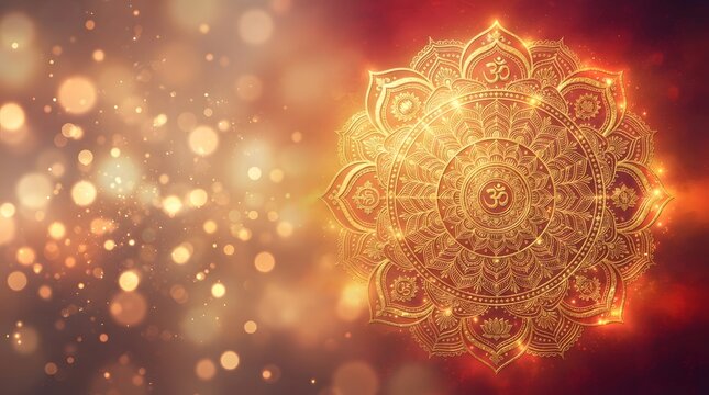 Golden om mandala symbol on a warm glowing bokeh background