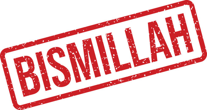 Distinctive red rubber stamp with the Islamic phrase Bismillah prominently featured on a clear white surface