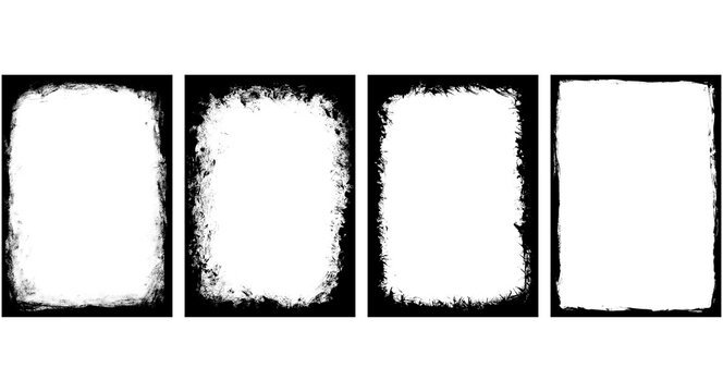 Set of four distressed grunge photo frames with rough edges isolated on transparent background