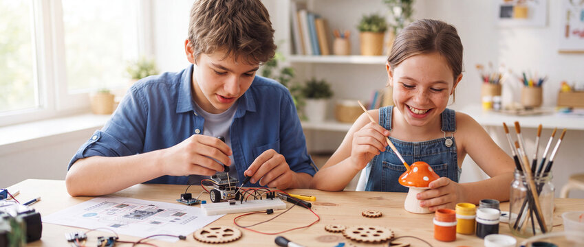 STEM education activities with children building a robot and painting crafts in a bright workshop, perfect for creative learning, science hobbies, and school projects