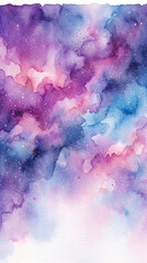 Fototapeta premium Purple Pink Watercolor Galaxy Texture Background with Cosmic Gradient Clouds, Artistic Ink Wash and Dreamy Abstract Wallpaper