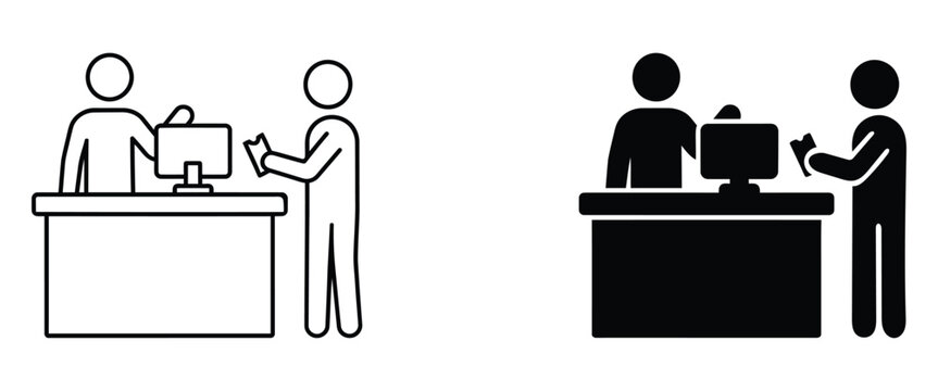 Office and business people icon set featuring reception, waiting area, customer service and professional workplace workers.