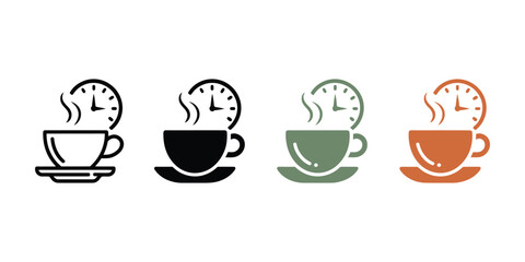 Obraz premium Coffee time icon set, steaming cups with clock faces in multiple color styles for digital interfaces packaging and printable artwork