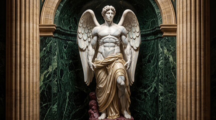 Obraz premium Ancient Greek marble sculpture of muscular winged male angel with drapery in classic alcove. Concept of classical renaissance art, historic mythology, stone carving, and museum architecture.