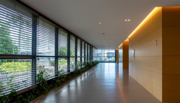 Modern office corridor with large windows and indoor greenery