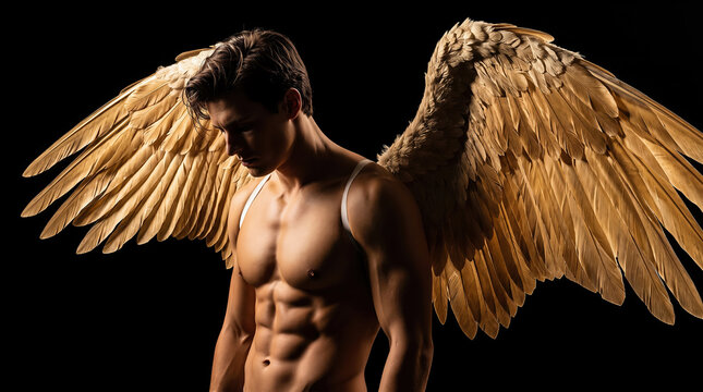 Shirtless muscular Caucasian man with large golden angel wings looking down against black background. Concept of divine angel mythology, contemplation, and male fitness.