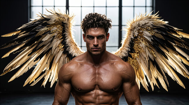 Shirtless muscular Caucasian man angel with black and gold wings standing near window. Concept of divine angel strength, male fitness physique, and fantasy mythology.