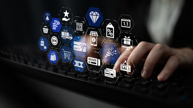Digital gift card icons show e-commerce, payment, and digital gift card redemption. Digital gift card supports online shopping, secure payment, and customer loyalty programs. Entice