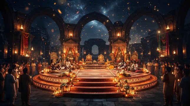 Traditional indian cultural celebration with musicians on a decorated stage under a starry night sky with warm glowing lights and architectural arches