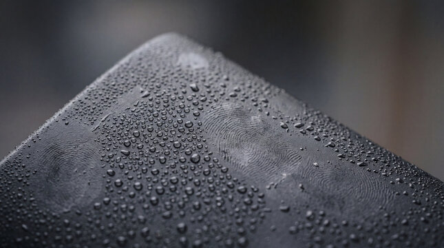 Close-up macro shot of dew droplets glistening on a textured black surface showing subtle fingerprint smudges in soft moody lighting
