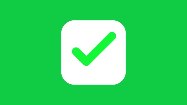 Green checkmark icon inside a white rounded square button on a chroma key green background for user interface animation design