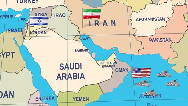 4K WORLD MAP FRONT AMERICA,ISRAEL,IRAN FLAG ABD AIRCRAFT CARRIER
