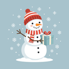 Fototapeta premium Cute festive snowman with gift box in winter snowfall illustration