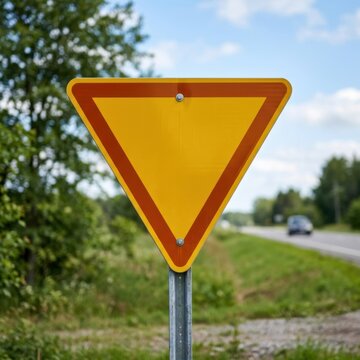 Blank Yellow Yield Sign On A Roadside With Trees And Sky Background