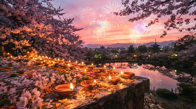Traditional clay diya lamps glowing during a festive evening with cherry blossoms and fireworks in the sky over a serene lake