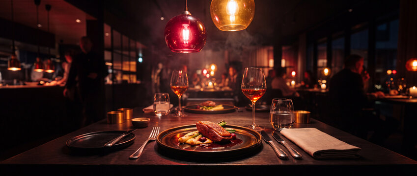 Fine dining experience featuring a gourmet salmon plate served on a rustic dark wooden table in an atmospheric ambient luxury restaurant