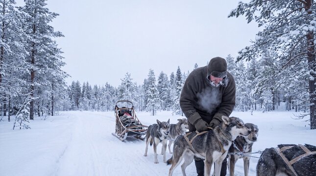 Sled dog musher checking harness buckles on an eager dog team, breath visible on a snowy forest trail