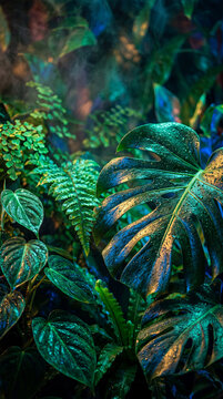 Lush tropical foliage captured in vibrant teal and warm golden light featuring dramatic atmospheric mist and deep shadowy forest textures