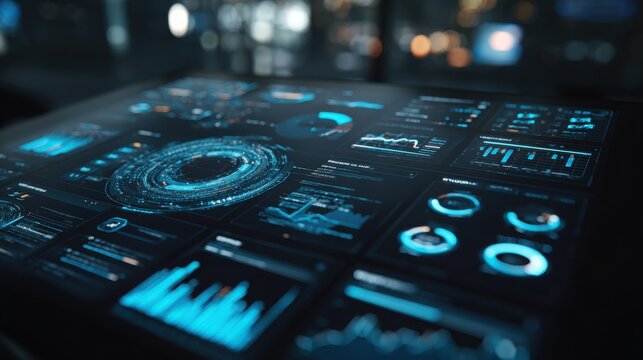 Data interface presents glowing blue charts and circular metrics on a futuristic dashboard.