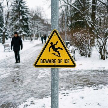 Beware Of Ice Warning Sign In Snowy Park Winter Caution