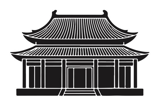 Traditional East Asian pavilion palace linocut illustration