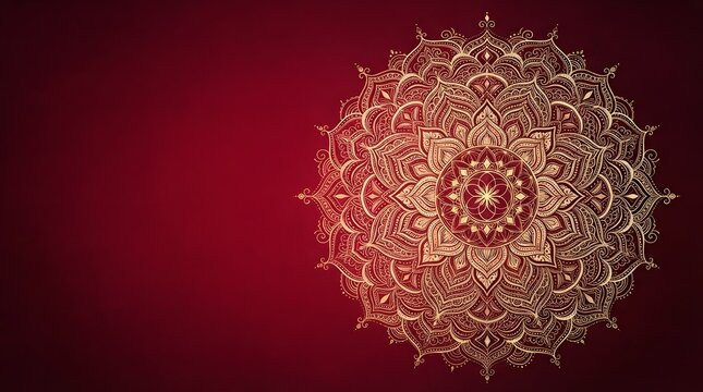 Intricate golden mandala pattern on a deep red background, traditional spiritual art design with symmetrical floral elements and ornate decorative details