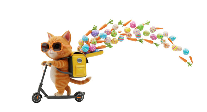 An adorable ginger kitten in orange sunglasses riding a black electric scooter as easter eggs and carrots fly from its yellow backpack festive holiday delivery atmosphere