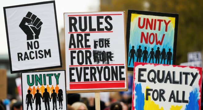 Black Lives Matter Protest Signs Against Racism And For Unity
