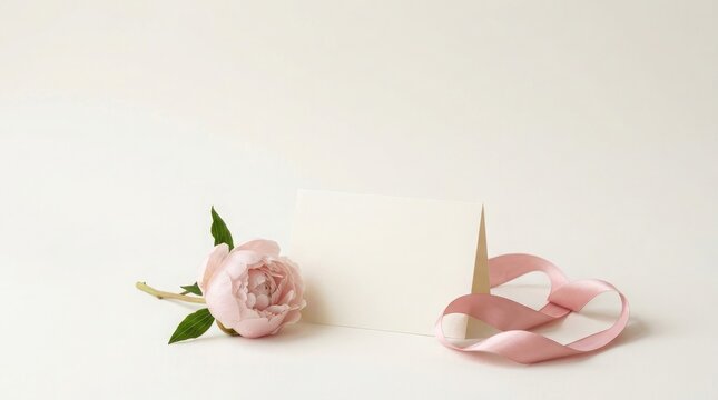Pink rose and satin ribbon on white background for wedding or gift decoration