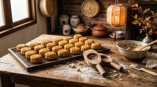 Freshly baked traditional mooncakes cooling on rustic wooden table with autumn decor